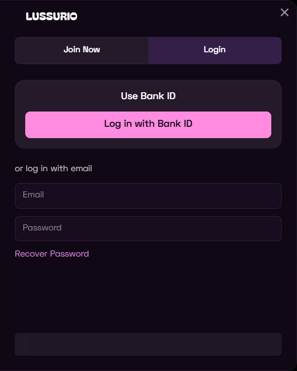 Login form Lussurio log in with Bank ID