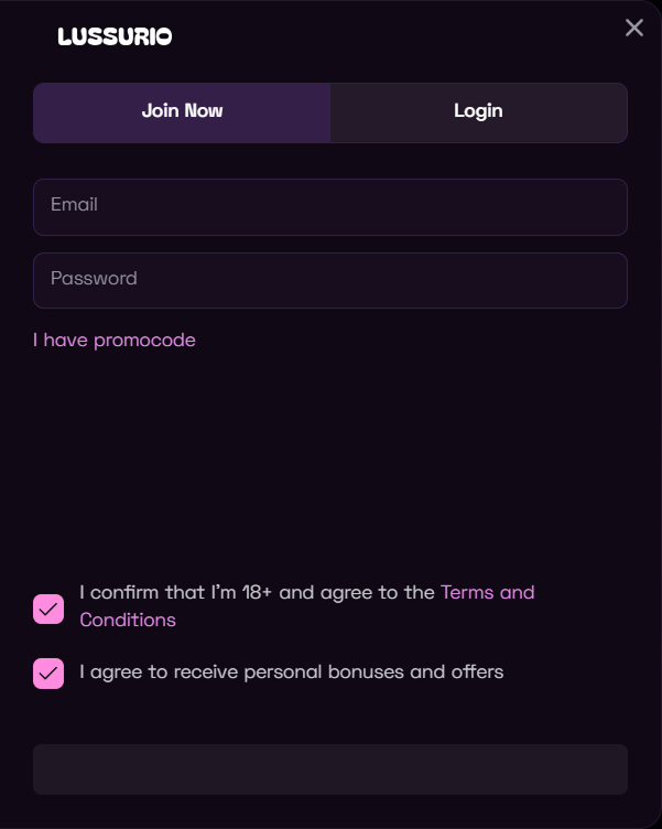 Registration Lussurio fields email password checkboxes