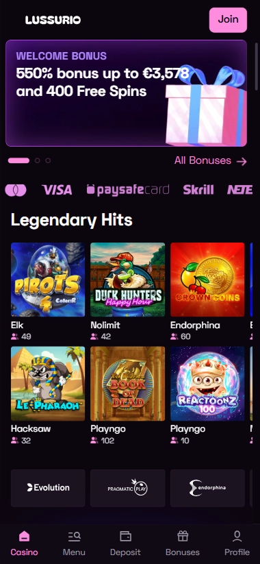 Mobile app Lussurio legendary hits games menu